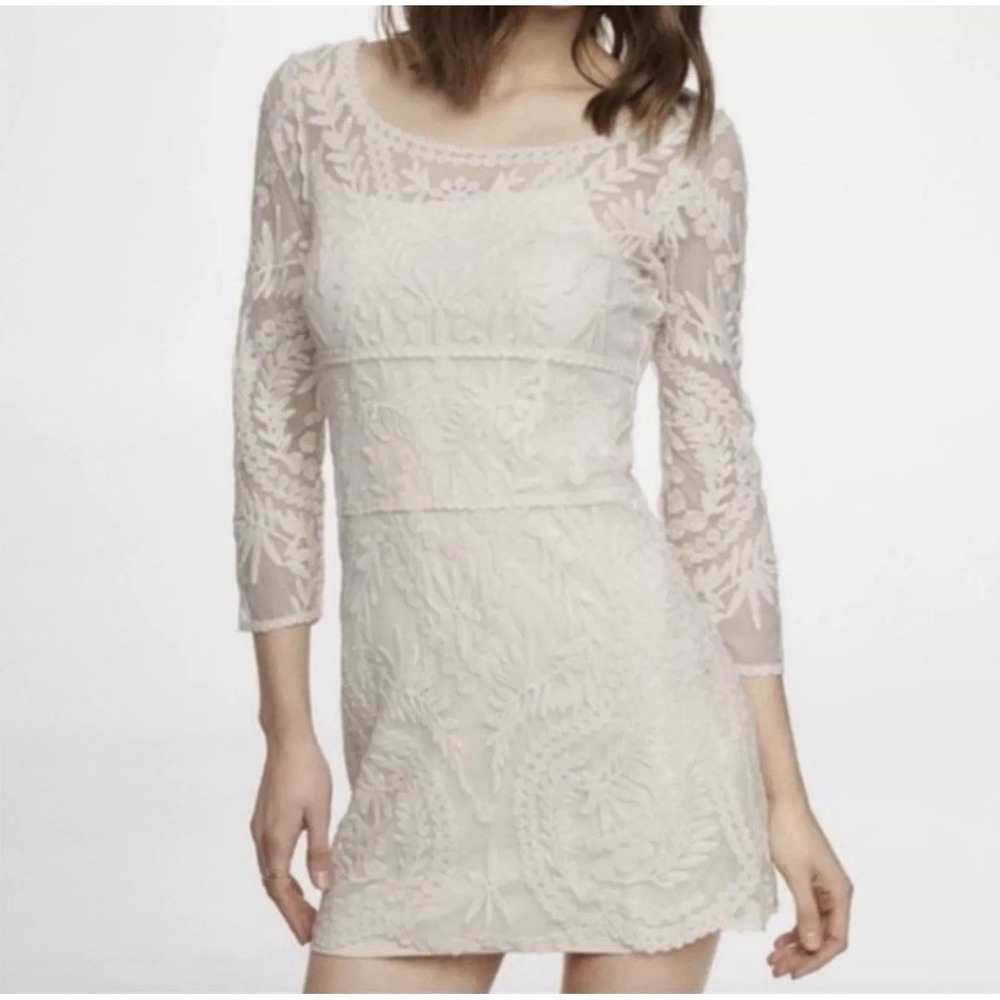 Express Cream Long Sleeve Lace Sz S Mini Party Dress Sheer Wedding Ivory NWT